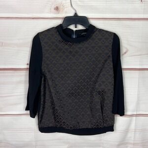 Tara Jarmon Top Womens 40 S Black Jacquard Front Blouse 3/4 Sleeve Collar Zipper